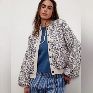 Free People We The Free Maine Bomber Cardi Jacket Sweater Coat Cream Large NEW